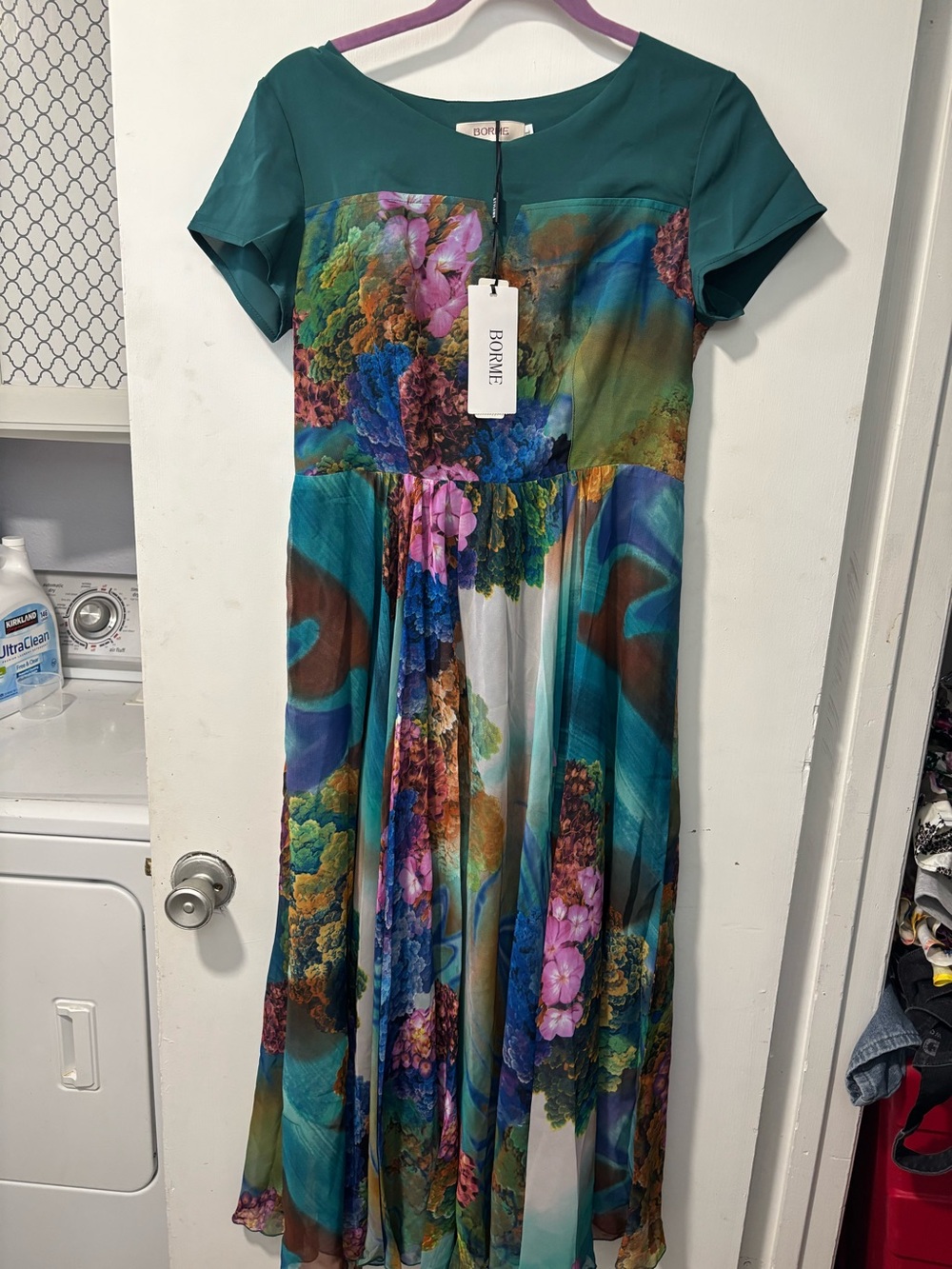 BORME NWT Watercolor Chiffon Teal Floral Short Sleeve Maxi Dress Size XL New